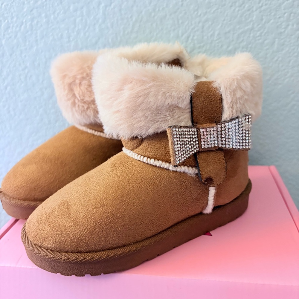 Cozy Tan Kids Boots with Rhinestone Bow